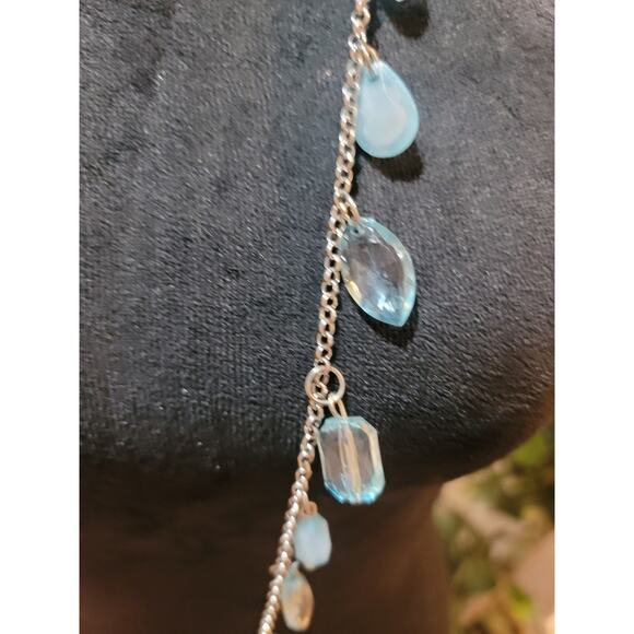 Womens Long Silver Chain Necklace With Blue Teardrop Crystal Charms Lobster Lock - Picture 4 of 7